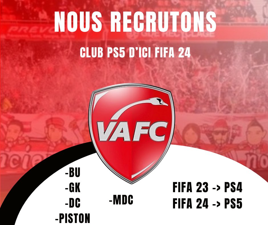 VAFC - PRO CLUB

𝐑𝐄𝐂𝐑𝐔𝐓𝐄𝐌𝐄𝐍𝐓:

Les Postes Recherchés sont :

➡️MDC
➡️MG/MD
➡️ DC
➡️BU 
➡️GK

COMPO : 3-5-2 / 3-1-4-2

Nous sommes inscrit en VPG FR et BELGE summer.