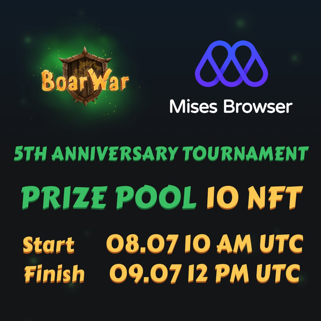 🐗BoarWar tournament goes live this weekend!

⚠️To enter:
- You must own one of our #NFTs
- You must have a WL spot

🧐How do I get a WL?
- Like &amp; Rt this post
- Follow <a href="/Boar_War_NFT/">BoarWar</a> 
- Follow <a href="/Mises001/">Mises</a> 

🔥20 WL spots and 3 NFT will be given away in this post!
Good luck!🍀