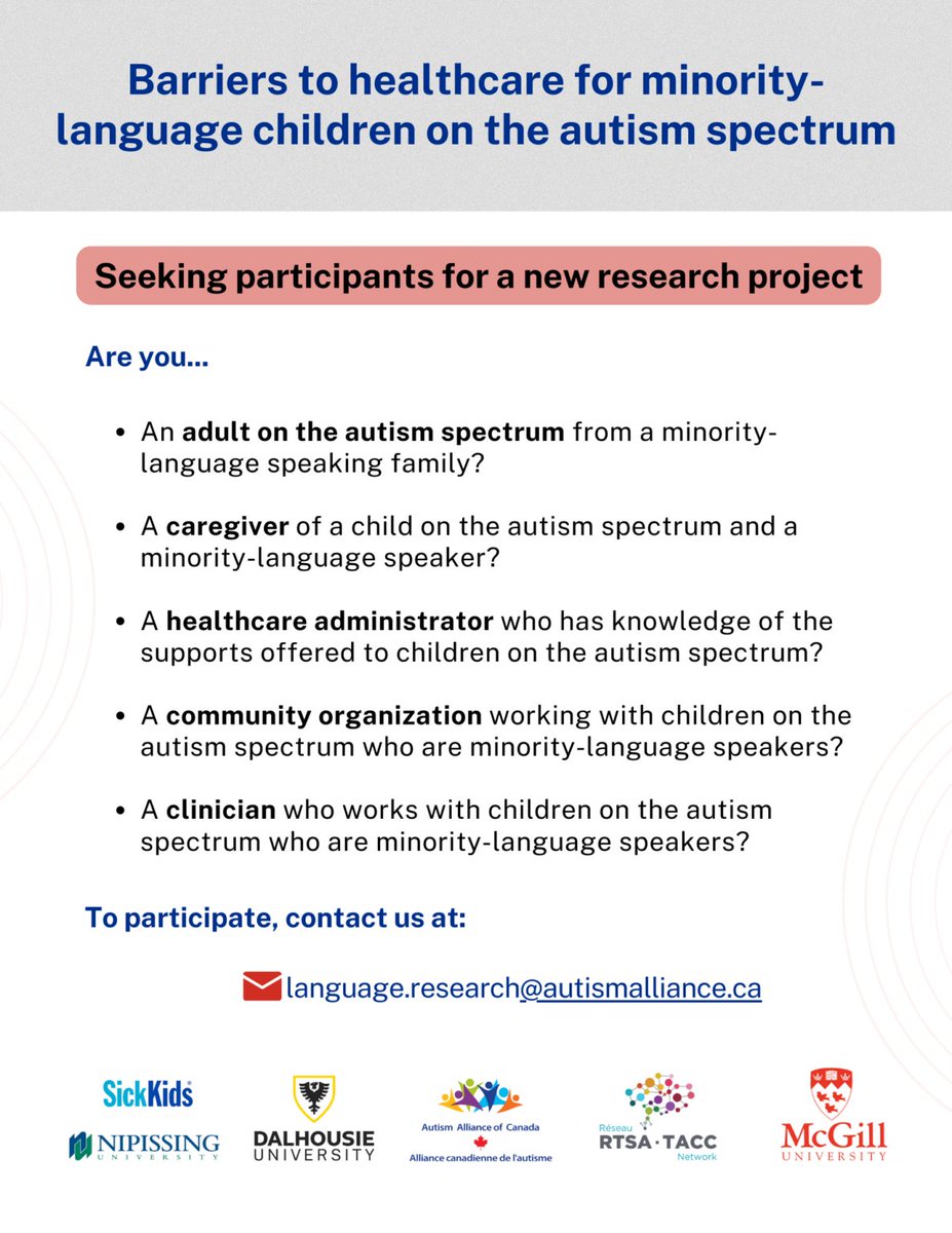 Have you experienced barriers in accessing healthcare services for your autistic child/children who are minority-language speakers? The @AllianceAutism wants to know your thoughts. Learn more and sign up here: autismalliance.ca/minority-langu…