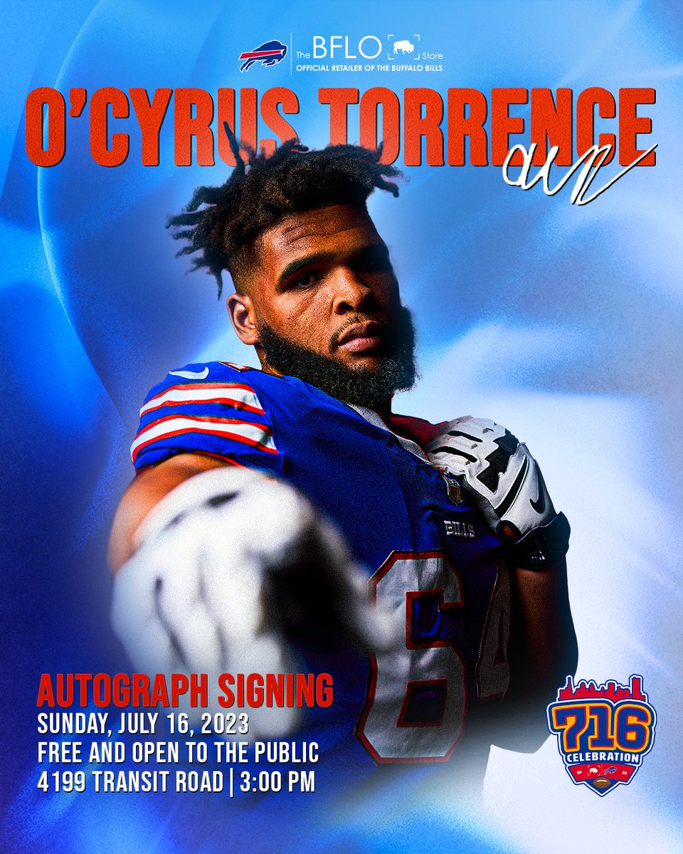 The BFLO Store (@thebflostore) on Twitter photo Come join us in welcoming O'Cyrus Torrence to Buffalo! ๐ฆฌ As a 2023 Buffalo Bills draft pick, he will be joining our offensive line this upcoming season!๐
โ๏ธ The signing will be at our Transitown location for 716 Day 3:00pm - 4:30pm!
See you there!
<a href="/78_KingBo/">O'Cyrus Torrence</a> <a href="/BuffaloBills/">Buffalo Bills</a> Come join us in welcoming O'Cyrus Torrence to Buffalo! ๐ฆฌ As a 2023 Buffalo Bills draft pick, he will be joining our offensive line this upcoming season!๐
โ๏ธ The signing will be at our Transitown location for 716 Day 3:00pm - 4:30pm!
See you there!
<a href="/78_KingBo/">O'Cyrus Torrence</a> <a href="/BuffaloBills/">Buffalo Bills</a>