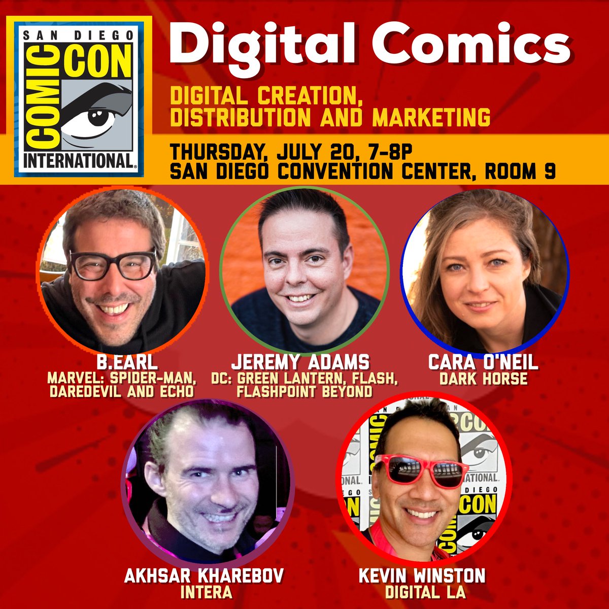 kevinwinston's tweet photo. Excited to moderate our official San Diego Comic-Con panel on Digital Comics on Thursday July 20, 7-8p. Speakers B.Earl (Marvel: Daredevil and Echo, Spider-Man), Jeremy Adams (DC: Green Lantern, Flash, Flashpoint Beyond), Cara O'Neil (Dark Horse), Akhsar Kharebov (Intera). https://t.co/32bLvybsEV