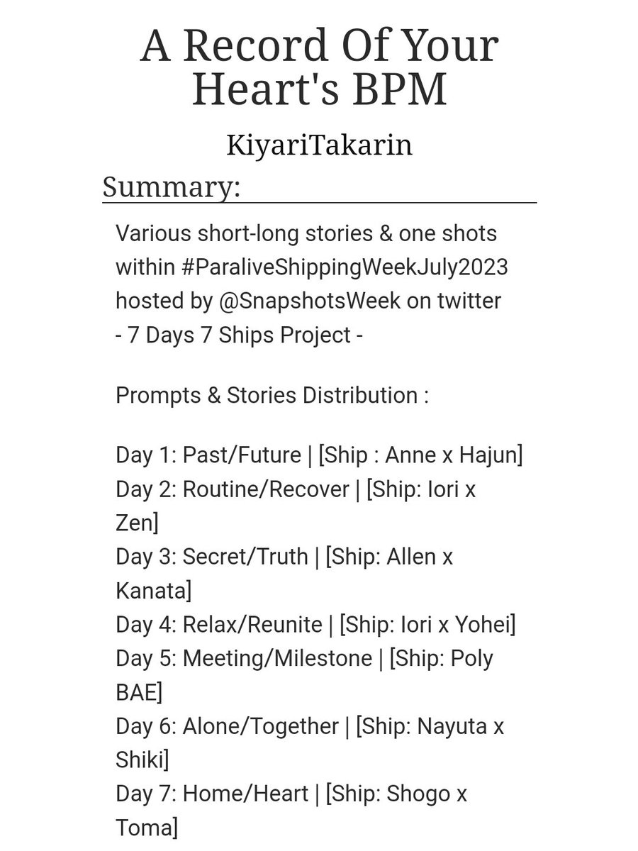 QueenRose_106's tweet photo. #ParaliveShipWeek 
- 7 Days 7 Ships Project -
Title : A Record Of Your Heart's BPM

Day 4: Relax/Reunite
Ship: Iori x Yohei

Chapter 4/7

Day 4 ship tackled in silly yet bittersweet way with unrequited love and one sided pinning but also character study

https://t.co/1BjNdFJUlv https://t.co/r3TcDZKxUM