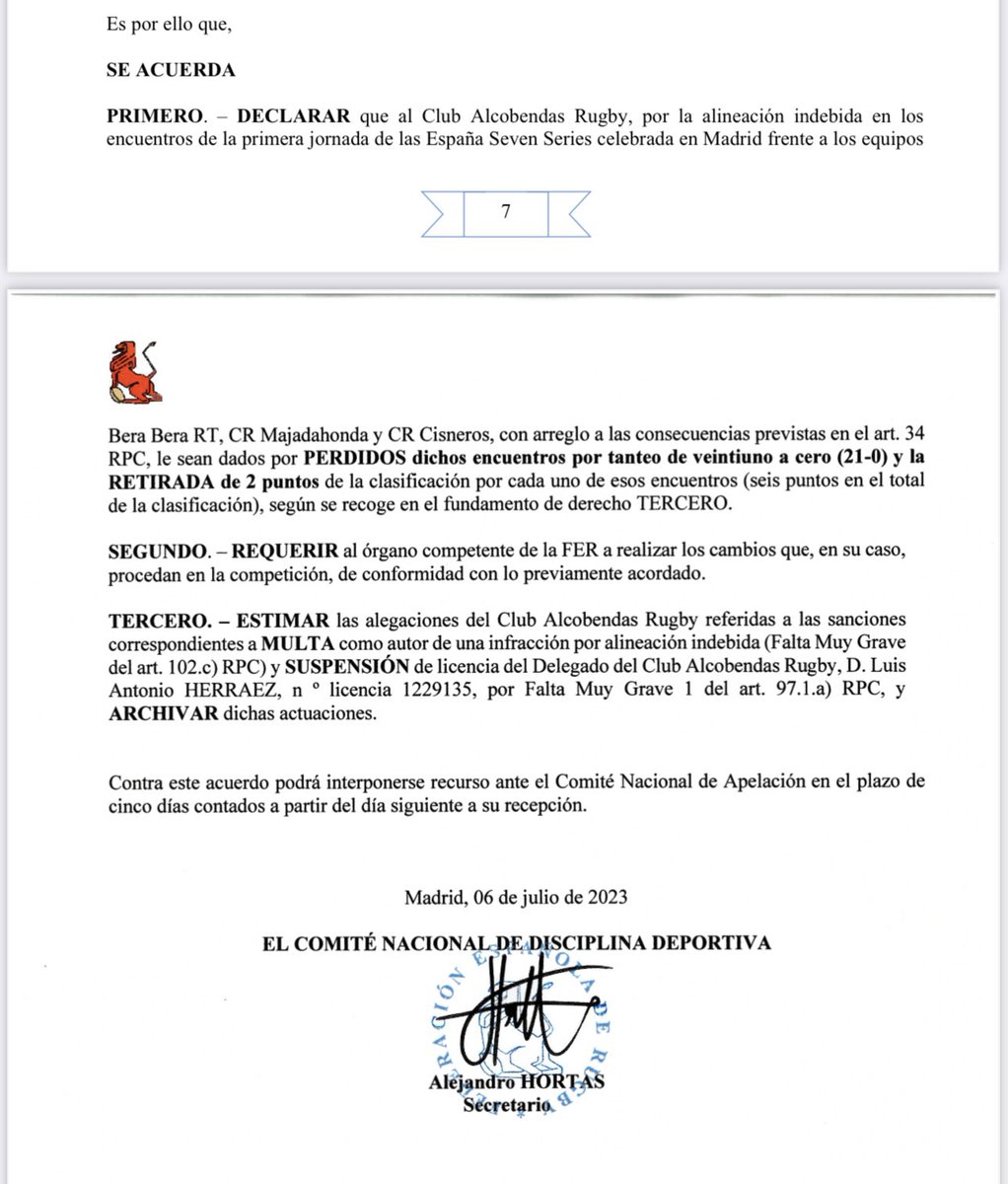 Y el Comité Nacional de Disciplina Deportiva sancionó a <a href="/AlcobendasRugby/">Silicius Alcobendas Rugby</a> por ALINEACIÓN INDEBIDA en las Seven Series Nacionales (1ª jornada), tal y como adelantamos en <a href="/relevo/">Relevo</a> 👉 relevo.com/rugby/nueva-de…

➡️ La multa al club y al delegado, quedan archivadas