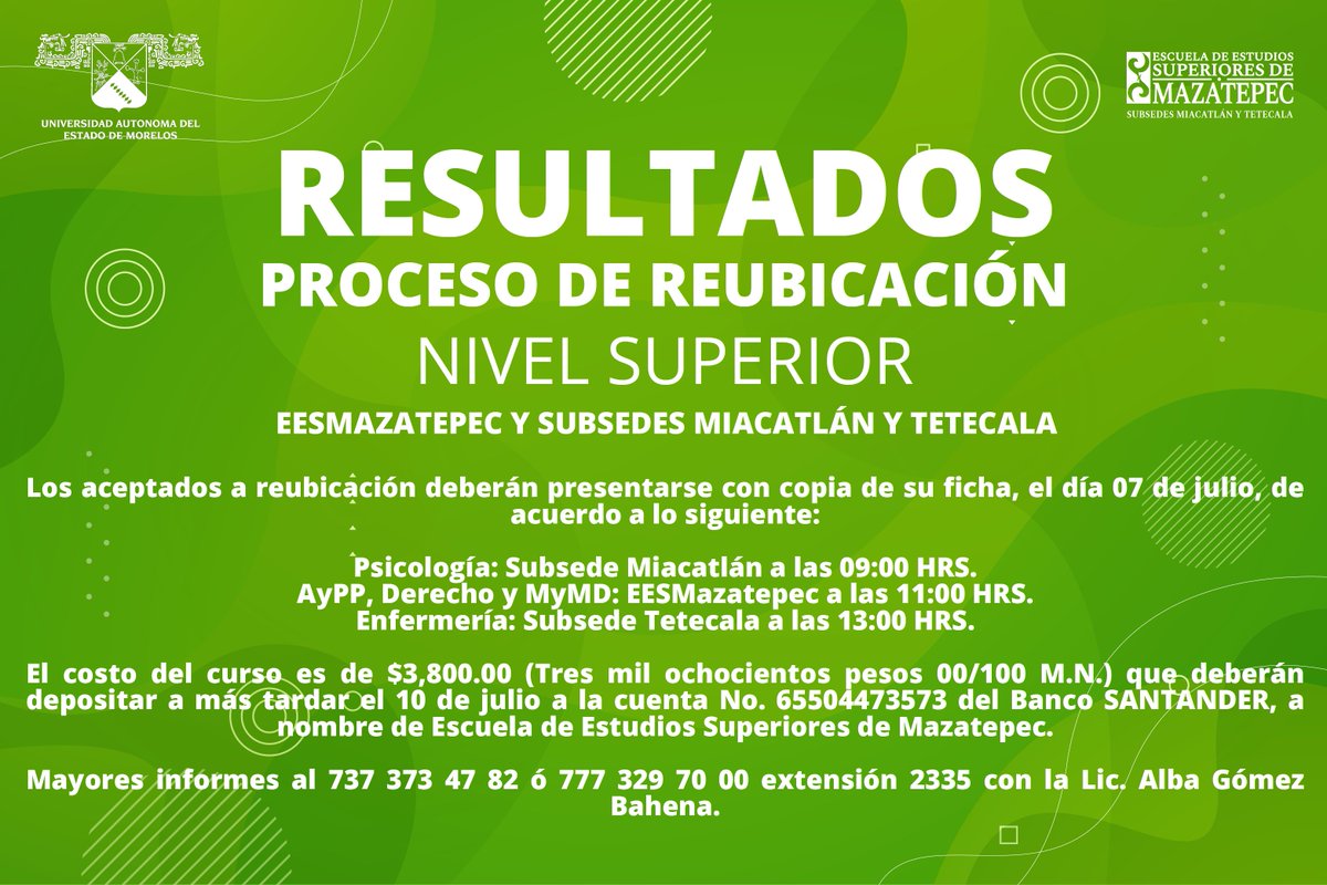 UAEMMazatepec's tweet photo. RESULTADOS DE ACEPTADOS AL PROCESO DE REUBICACIÓN DE LA EESMAZATEPEC Y SUBSEDES MIACATLÁN Y TETECALA

Si tienes dudas, contáctanos para asesorarte https://t.co/3uxMUu23fs