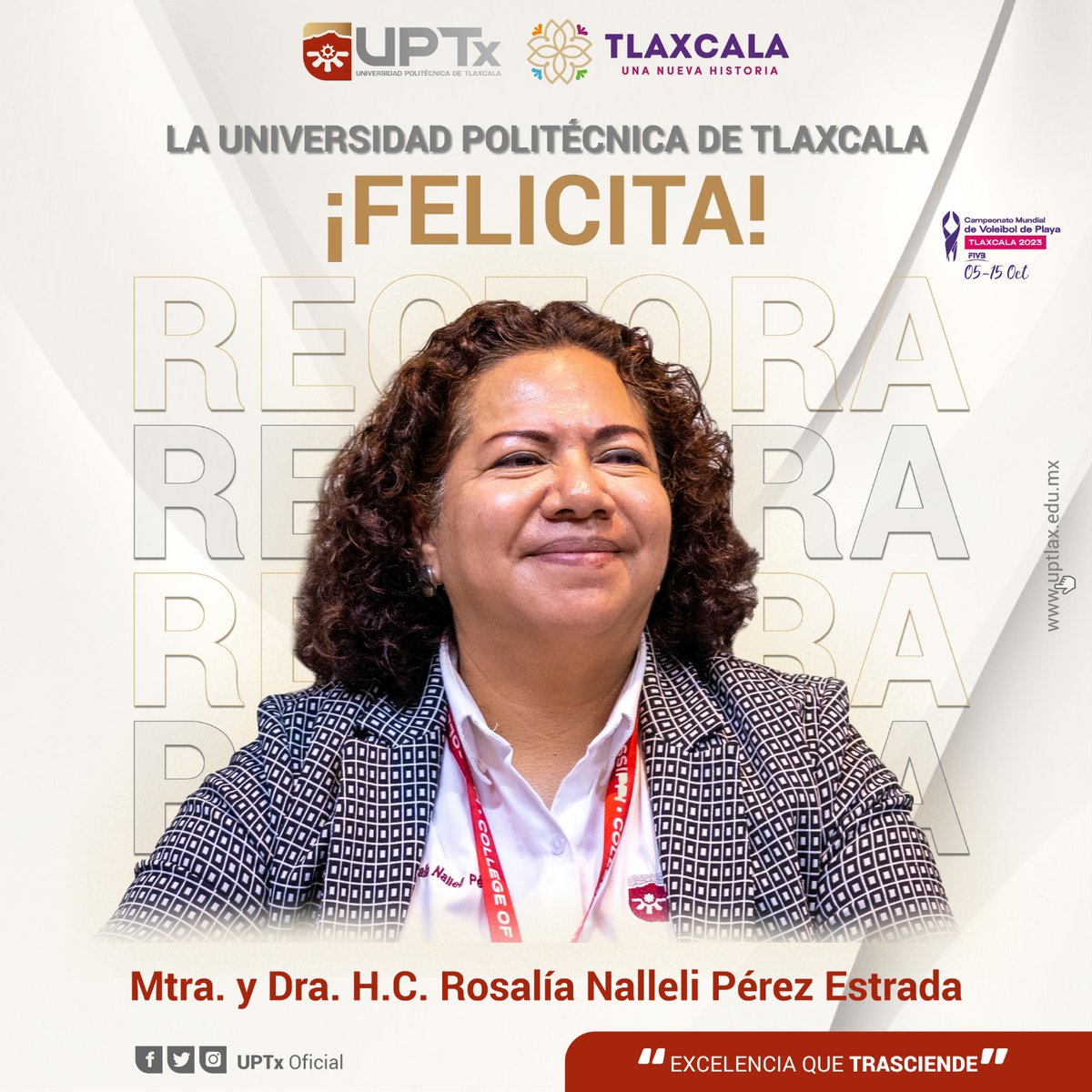 UPTxOficial's tweet photo. ¡Un momento para celebrar! 🎉
Hoy aplaudimos el nombramiento de la Mtra. y Dra. H.C. Rosalía Nalleli Pérez Estrada como la primer mujer rectora en la UPTx.
Su liderazgo inspirador abrirá un camino lleno de éxitos y transformaciones.
👏🎓
#UnaNuevaHistoria #OrgulloUPTx https://t.co/aKUYrXWBNP