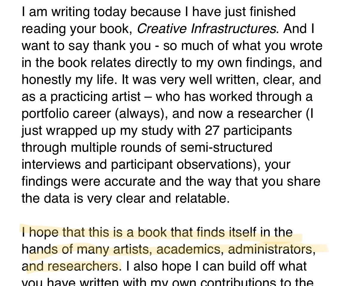 Got a lovely note today from an artist I’ve never met about #creativeinfrastructures