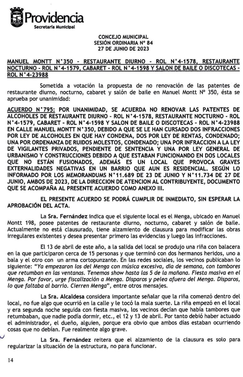 pablojaeger's tweet photo. Sobre la no renovación de la patente de alcoholes del local Mito Urbano, aquí les dejo el acta del Concejo municipal de @Muni_provi https://t.co/tJlbvdwWQF