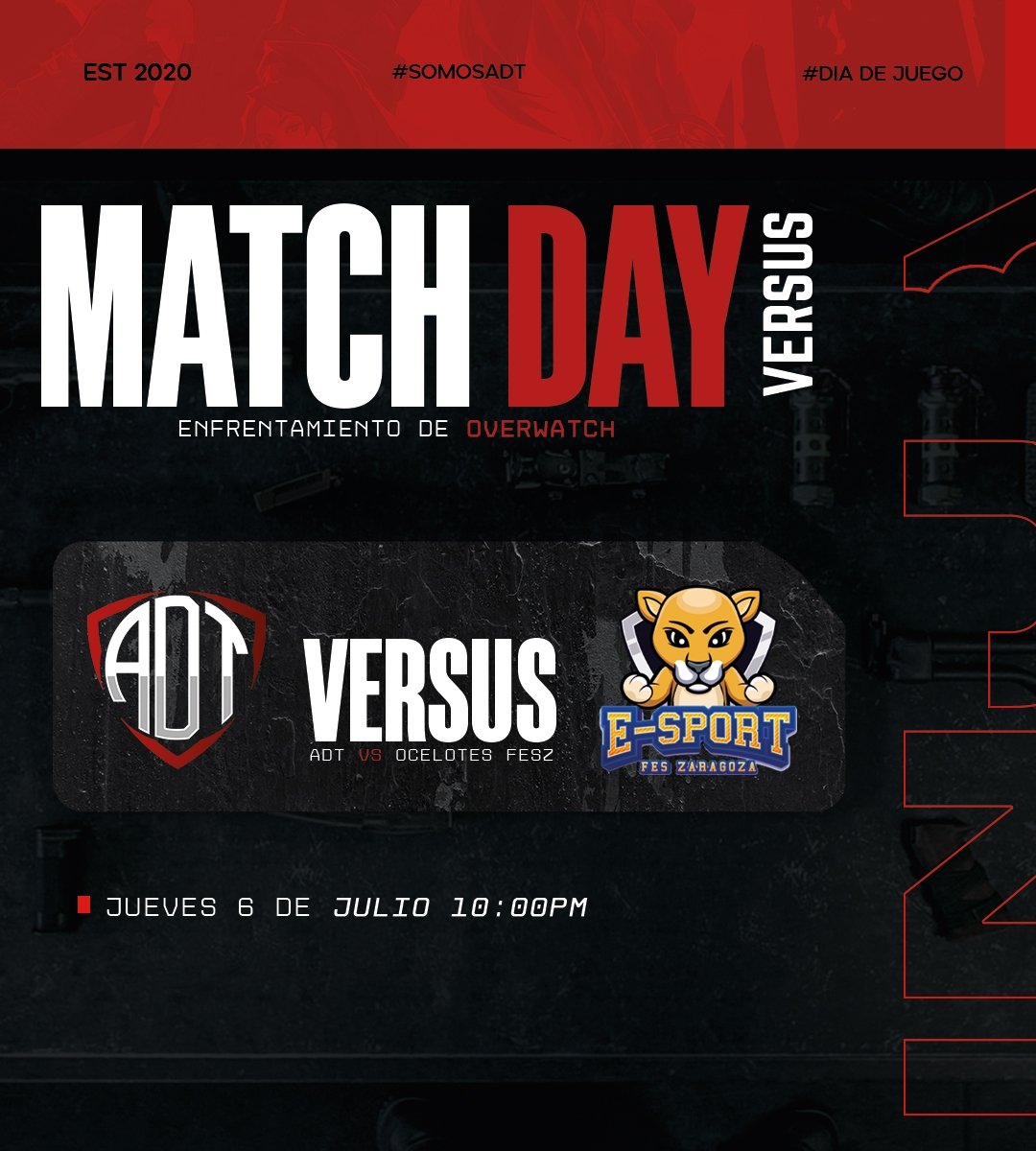 El día de hoy tenemos enfrentamiento en el torneo Organizado por <a href="/ViziusGG/">Vizius Gaming</a>  

🆚 eSports  Fes Zaragoza 

Le deseamos el mayor de los éxitos a nuestr@s  jugadores 

⛑️@SolumCranel 
⚔️@Young_xent 
⛑️<a href="/Ghosoupt/">ᅠᅠ🐢﹕Magui</a> 
🛡️<a href="/Jesusgx1l/">Jesus Torres</a> 
⚔️<a href="/NeroR6s1/">Riheu</a> 
🛡️Link 
📺twitch.tv/Ghosoupt?sr=a #SomosADT