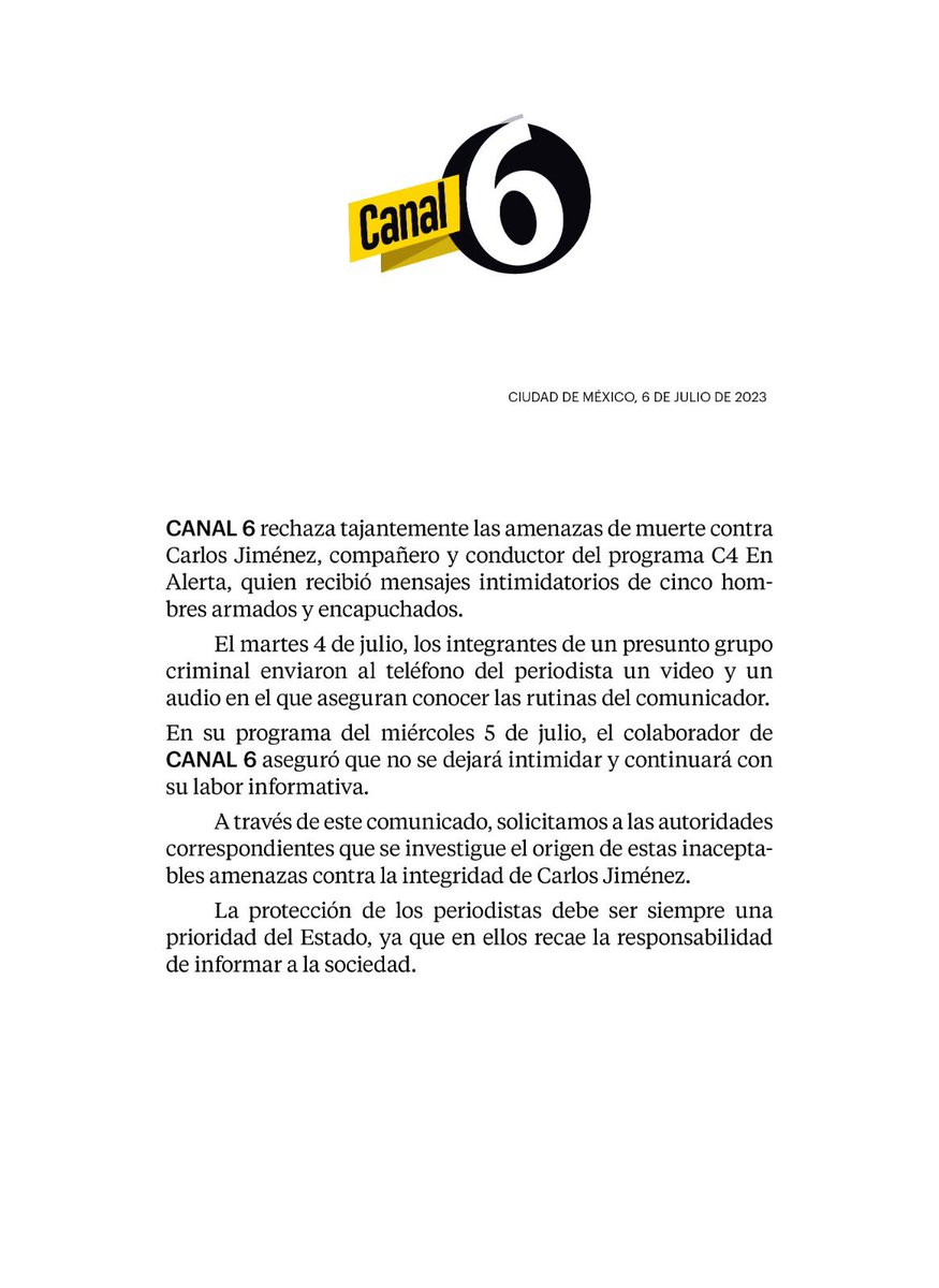 multimediostv's tweet photo. Con base en las recientes amenazas que ha recibido nuestro compañero Carlos Jiménez (@c4jimenez), por parte de un grupo criminal, Canal 6 emite el siguiente comunicado solicitando que las autoridades correspondientes investiguen el caso. https://t.co/UcU4LySaQg