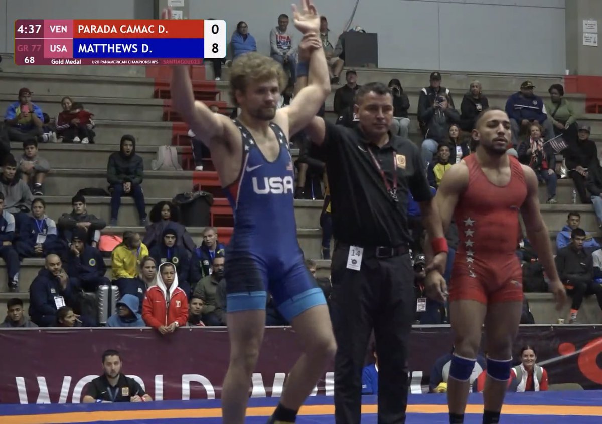 Derek Matthews, U20 Pam Am Champion! 🥇 He won by 8-0 technical fall in 1:23 over Parada (Venezuela) in the championship finals. #BearDown 🐻🇺🇸