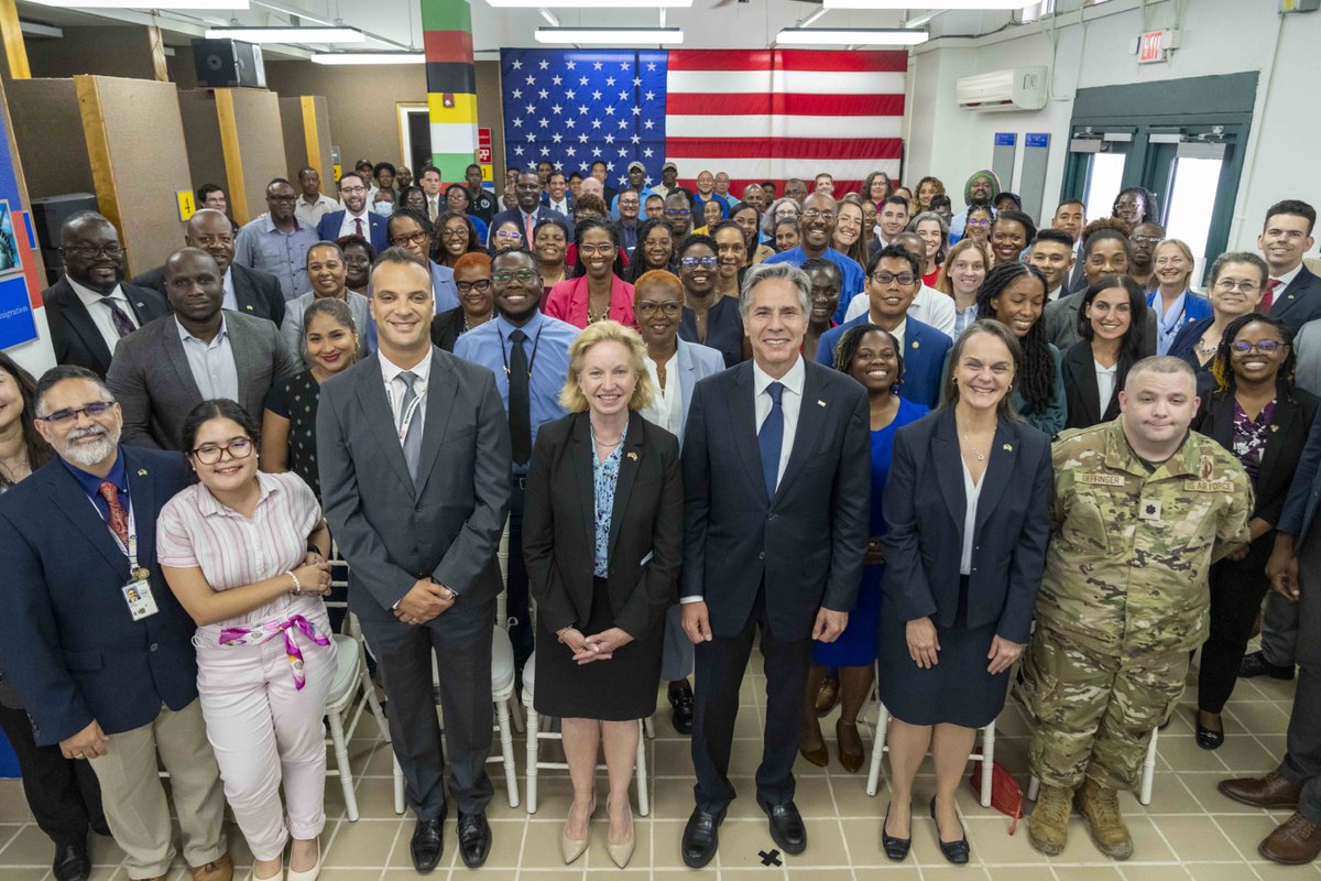 SecBlinken's tweet photo. Grateful to @USAmbGuyana and the exceptional @EmbassyGuyana team for their work to strengthen our vital partnership with Guyana. I was glad to meet them today and thank them for making my visit possible and their continued work to keep our relationship with Guyana strong. https://t.co/PsWo00NUfk