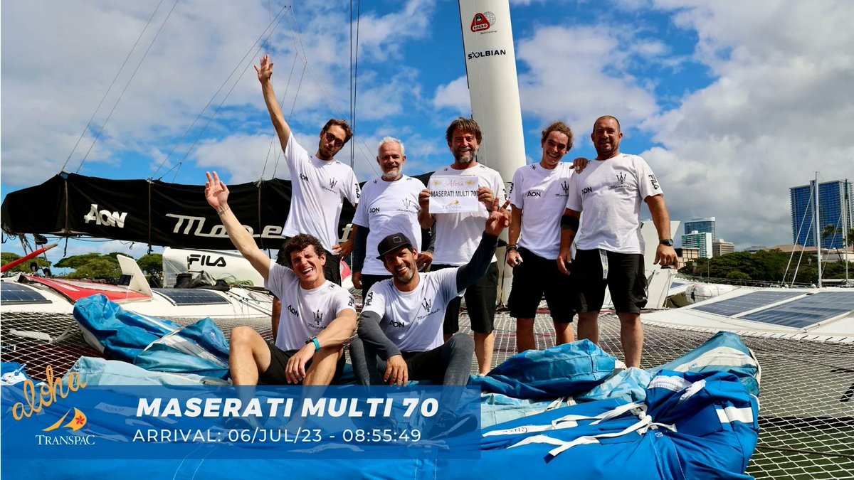 Congrats to @Maserati Multi 70 on their elapsed time of 4:23:55:49. It's the 8th fastest finish in Transpac history. In 2019, they did the race in 4:18:26:51, which is the 7th fastest. Photo: Joyce Riley #transpacrace