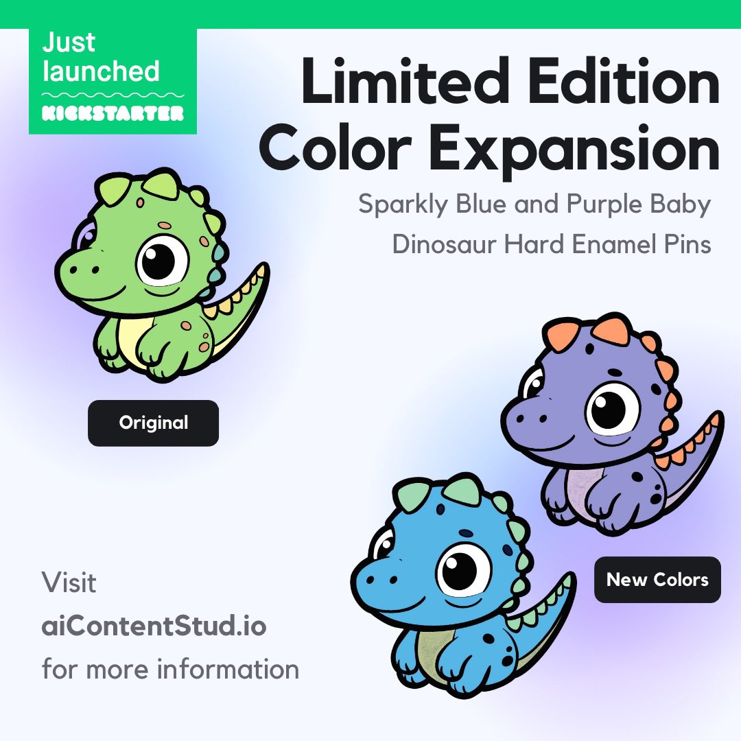 aicontentstudio's tweet photo. Almost fully funded! Can’t wait to show off some new colors. #AIart #enamelpin #dinosaur #Collectible https://t.co/kEJXOhIQTT