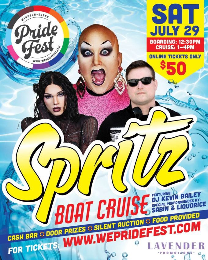 Come and join us again for the annual Spritz Boat Cruise on Saturday, July 29, 2023, from 1:00 pm – 4:00pm with DJ Kevin Bailey and special performances by Sabin and Liquorice.

Tickets are $50 and available online only. 

wepridefest.com/events/spritz-…

#wepridefest #windsorpride #yqg