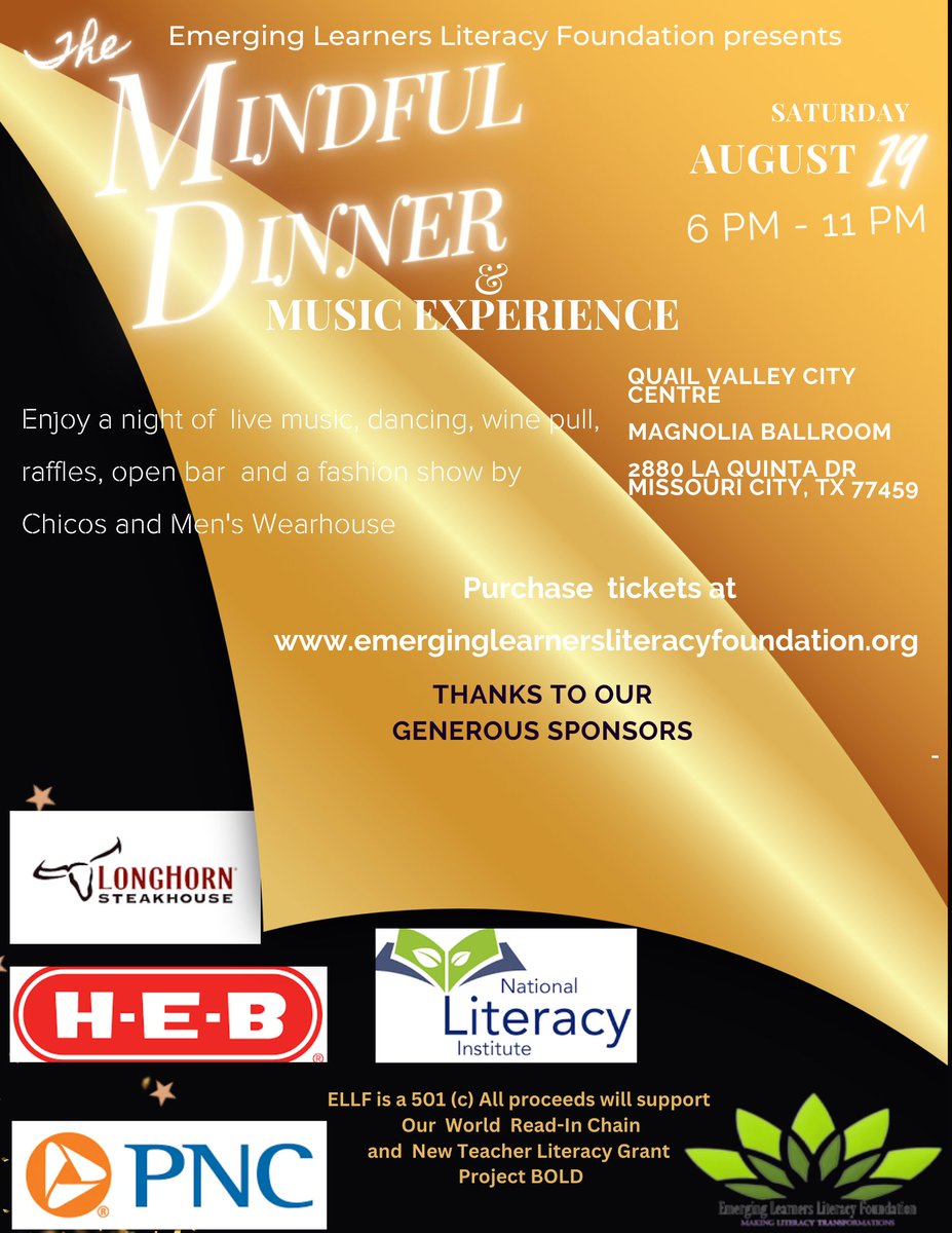 You are invited to join this amazing group of literacy supporters as a sponsor for the Mindful Dinner and Music Experience.  Visit emerginglearnersliteracyfoundation.org