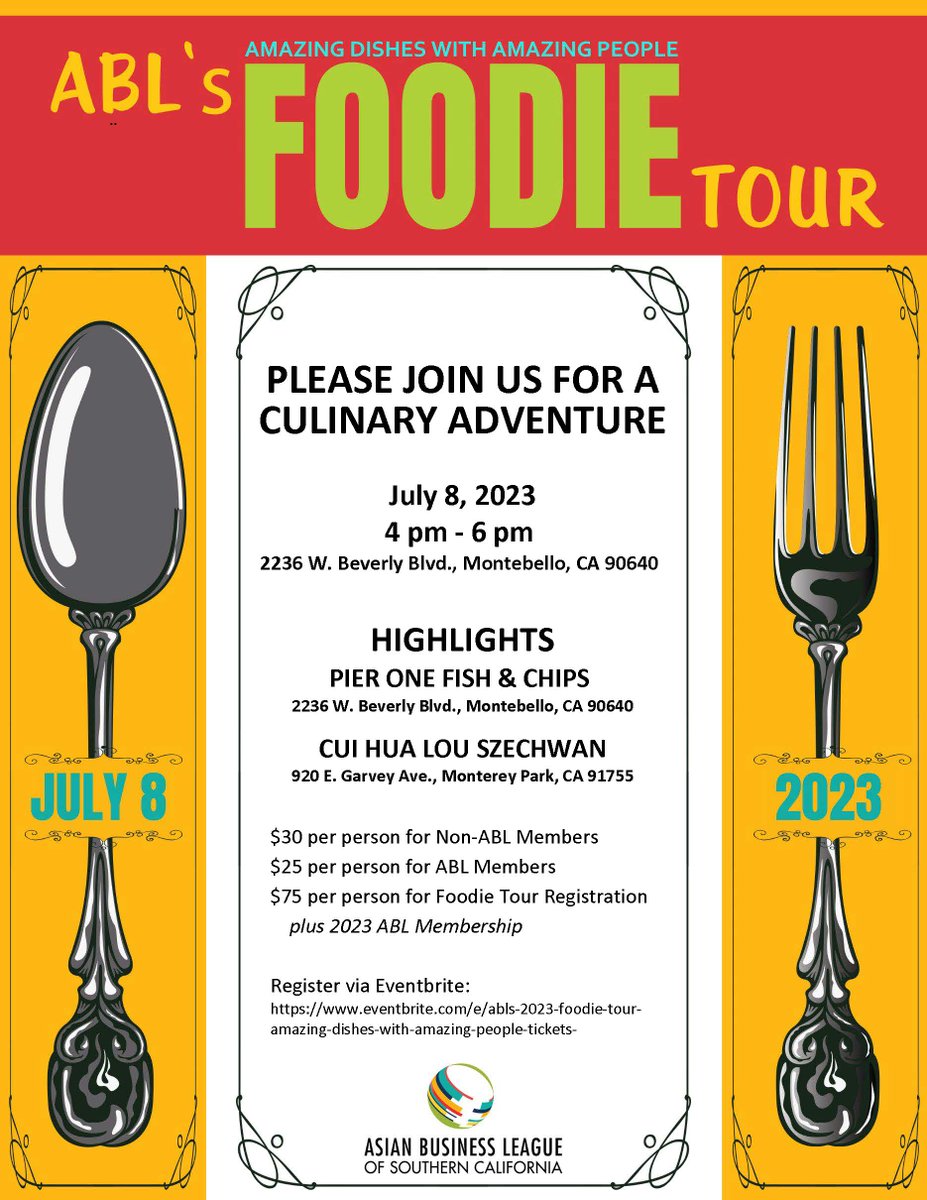 ABLSoCal's tweet photo. The Asian Business League of Southern California (ABL) cordially invites you to a Foodie Tour.

Saturday, July 8, 2023
4:00 pm - 6:00 pm PST

To RSVP, use this link: https://t.co/EfA6TMrlsg https://t.co/KOsHA1GWFm