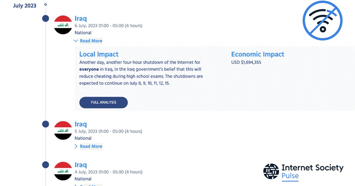 ICYMI 
Iraq authorities have resumed Internet shutdowns for the whole country on the morning of national high school exams.

👀Follow via the Pulse Internet Shutdown Tracker pulse.internetsociety.org/shutdowns?sear…

👎Take action against exam-related Internet shutdowns #NoExamShutdown