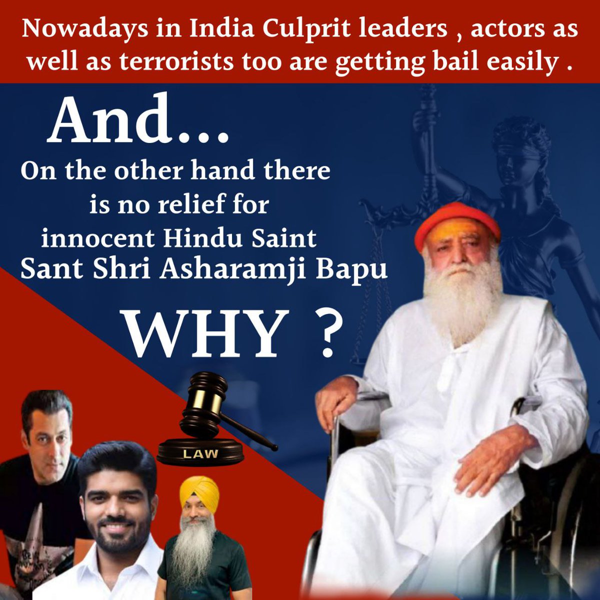 See Kanoon Ka Khel 👉
Celebrities &amp; politicians gets bail easily. But #हमारी_कानून_व्यवस्था could not be able to do justice with Asaram Bapu Ji. Since last 10yrs, no bail is granted to him 😡
Game of Kahin Jail Kahin Bail is going on. When will innocent Saint get justice ⚖️