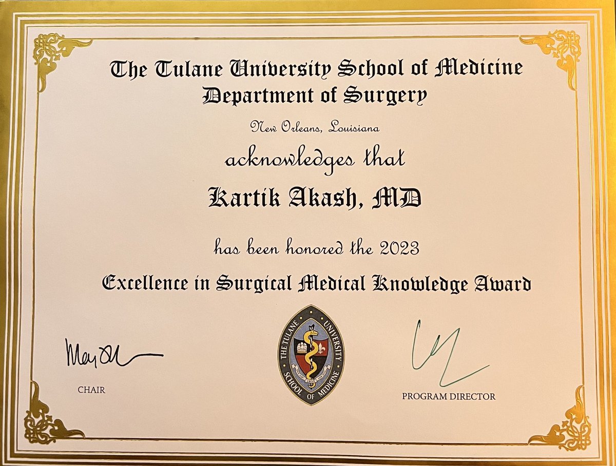 Akash Kartik (@akashkartik5) on Twitter photo Thank you <a href="/Tulane_Surgery/">Tulane - Department of Surgery</a>. This is my first academic honor as a surgery resident, and I am extremely grateful for my mentors who put in their time and efforts to teach me. Thank you <a href="/Tulane_Surgery/">Tulane - Department of Surgery</a>. This is my first academic honor as a surgery resident, and I am extremely grateful for my mentors who put in their time and efforts to teach me.