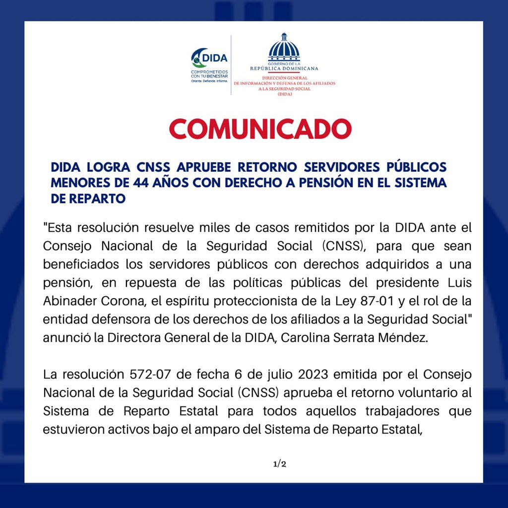 DIDA_RDo's tweet photo. COMUNICADO!

DIDA LOGRA CNSS APRUEBE RETORNO SERVIDORES PÚBLICOS MENORES DE 44 AÑOS CON DERECHO A PENSIÓN EN EL SISTEMA DE REPARTO

@CarolaSerrata @luisabinader @CNSSRD @pensionesrd @SipenRD @Comunicaciondo @PresidenciaRD https://t.co/fE4qLbOgOX