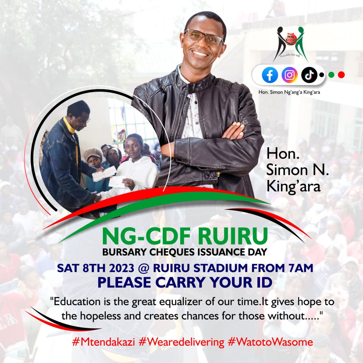 HonKingara's tweet photo. Tomorrow, 8th July 2023 at Ruiru Stadium from 7am, all parents and guardians who filled bursary forms in Ruiru constituency will be issued with their Bursary cheques. 
Please carry your original ID.
#Mtendakazi 
#RuiruMbele 
#wearedelivering https://t.co/OBKm3GUdjP