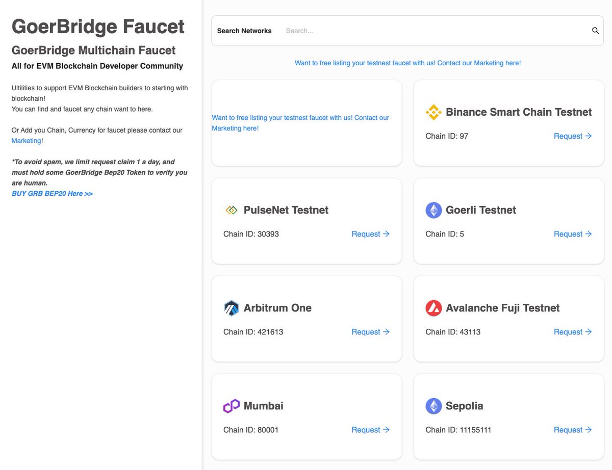 goerbridge's tweet photo. #GoerBridge Multi Chain Faucet are now ready to claim!
👉https://t.co/wZUMZtbtLp
We are proud to support EVM Blockchain Community ! If you want to FREE listing your testnet chain in our Faucet Platform, feel free to contact us!
Plz tag any EVM blockchain testnet you want here https://t.co/01pvqfRdnn