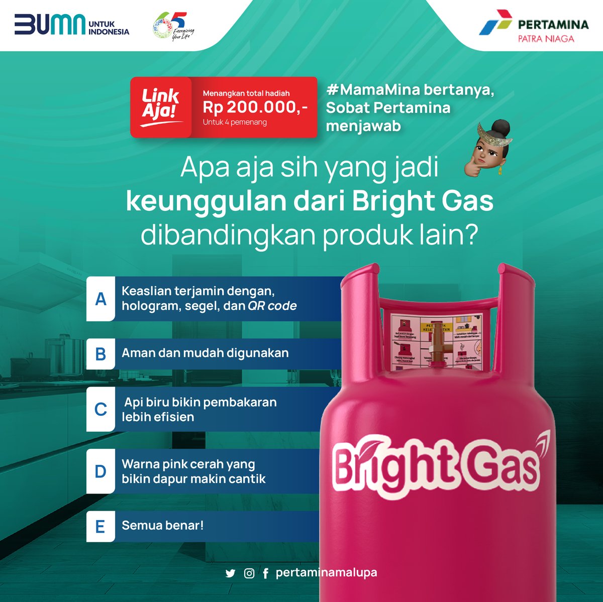 #MamaMina bertanya, Sobat Pertamina menjawab

Menangkan hadiah saldo LinkAja total Rp 200.000 bagi 4 pemenang. Jawab pertanyaan ini, lalu ikuti syarat dan ketentuan di tweet selanjutnya, yuk!

#kuis #giveaway