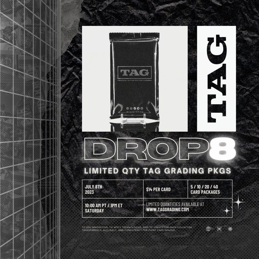 TAGgrading's tweet photo. T A G _ G R A D I N G _ D R O P _ 8  
7/8 @ 10AM PT / 1PM ET. 

RT + Favorite & 1 winner will receive a 5 card grading package FREE.  Must be following to win.
   
Orders Include Free Submission Kit & Supplies. 20 Business Days. No up-charges, No declared values. 

5 / 10 / 20 / 40 CARD PKGS @ $14 / CARD (USD). LIMITED QTY.

GET IT #TAGD.