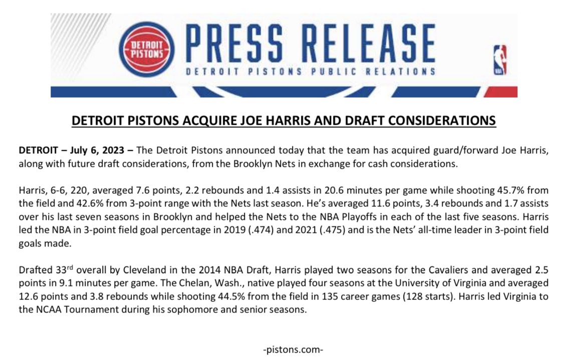 The @DetroitPistons announced today that the team has acquired guard/forward Joe Harris, along with future draft considerations, from the Brooklyn Nets in exchange for cash considerations.