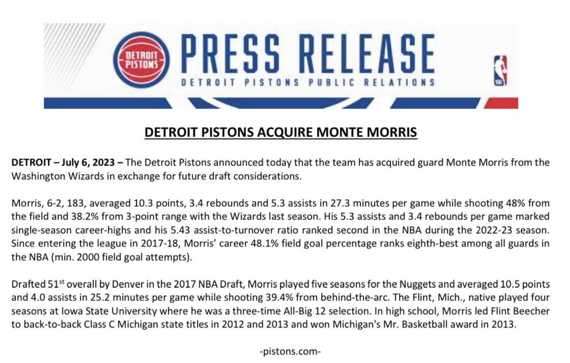 The @DetroitPistons announced today that the team has acquired guard Monte Morris from the Washington Wizards in exchange for future draft considerations.