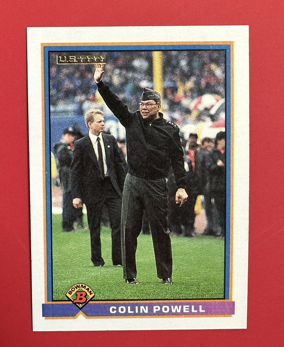 1991 Bowman Colin Powell. General Powell threw out the first ball at Yankee stadium on opening day. Since fireworks happened all week here, kept the USA cards going for one more post! #junkwax #bowman #baseballcards #cards #sportscards #90s #colinpowell #usa #hobby