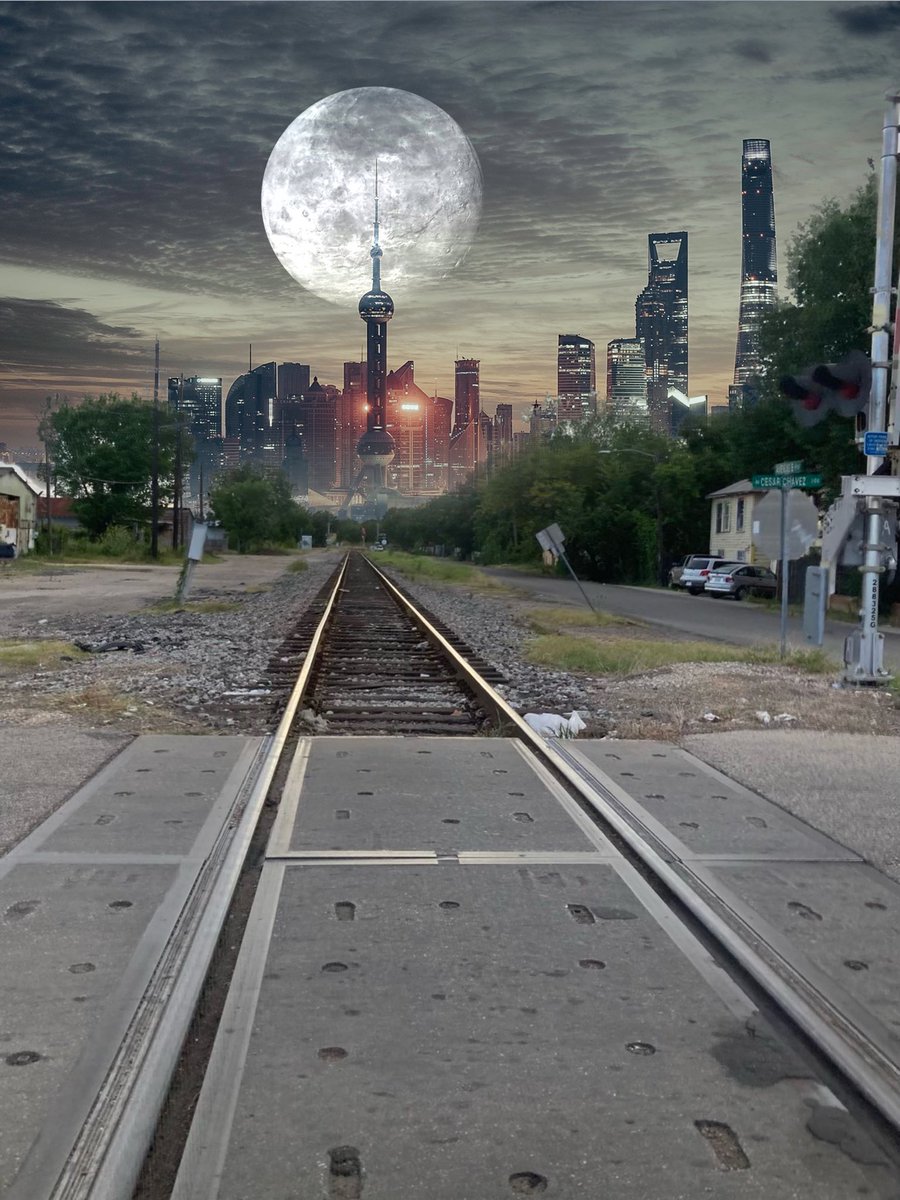 MitchandMarcy's tweet photo. @DavidMariposa1 Adding a more dramatic evening sky, the railroad tracks lead your eye directly to the cityscape with the moon boldly rising behind it. 
#editmyphoto Edit by: Mitch 😉📸 https://t.co/M3dxVOPkZI