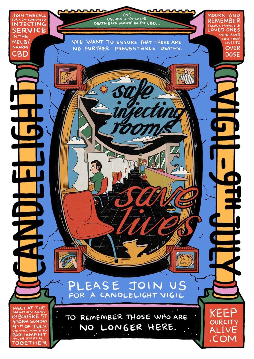 Join Melbourne’s candlelight vigil, - Sunday, 9 July at 4.30pm
- meet 69 Bourke Street then Parliament House steps
- remember those who have died from drug overdose in our city
- urge govt to open OD prevention facility asap
keepourcityalive.com
⁦<a href="/wallmansam/">sam wallman</a>⁩ artwork