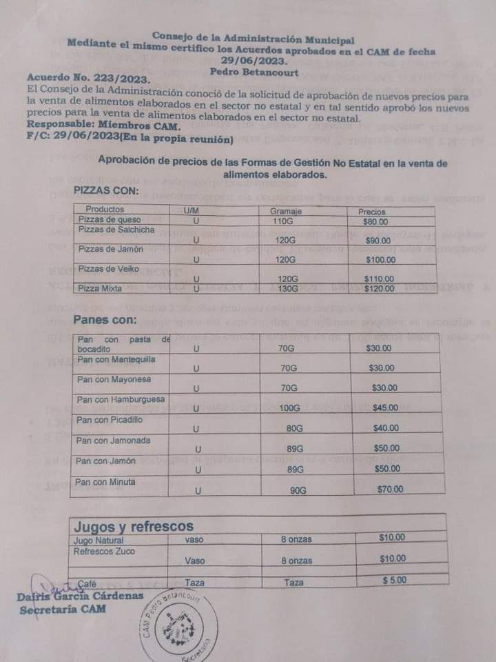 Primeros precios topados aprobados por el Consejo de la Administración en #PedroBetancourtEnVictoria para el sector del Trabajo por Cuenta Propia en la actividad de Alimentos #PedroBetancourten26
#MatancerosEnVictoria
<a href="/SuselyMorfaG/">Susely Morfa González</a> 
<a href="/JanyMartnez10/">Hanny Martínez</a> 
<a href="/CarlosC64808313/">Carlos Clemente</a>