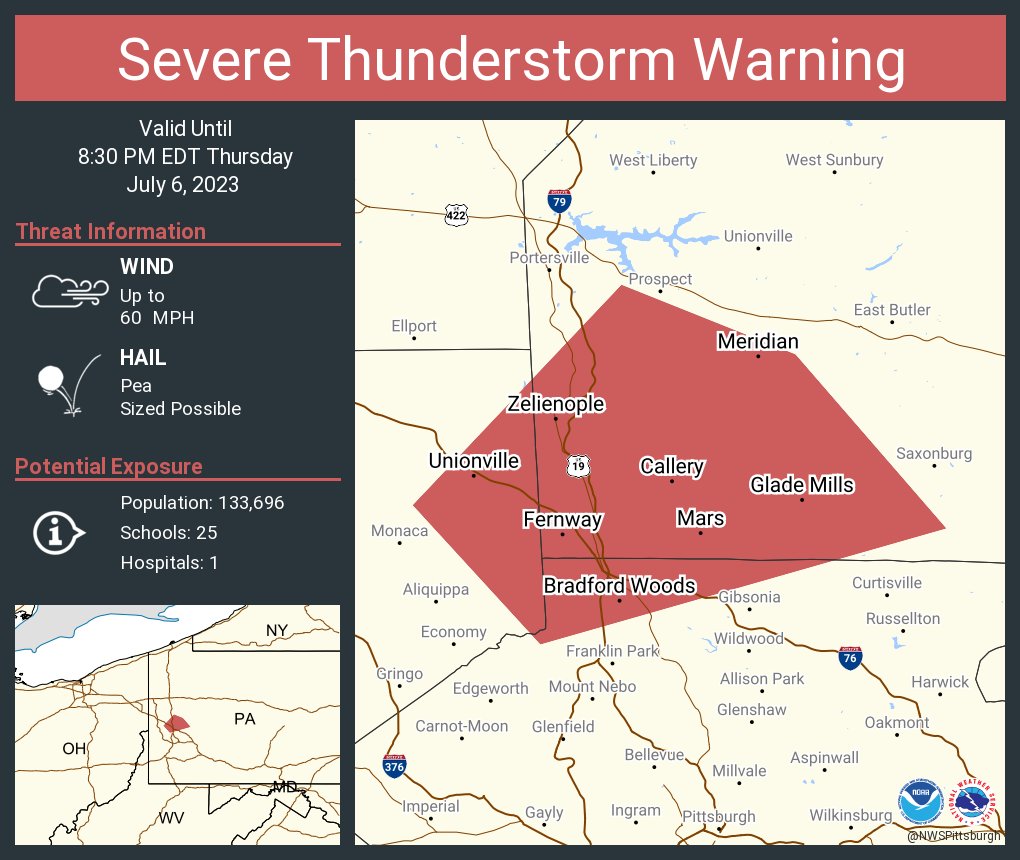 NWSPittsburgh's tweet photo. Severe Thunderstorm Warning including Fernway PA, Meridian PA and  Zelienople PA until 8:30 PM EDT https://t.co/yTG4VvDdpG