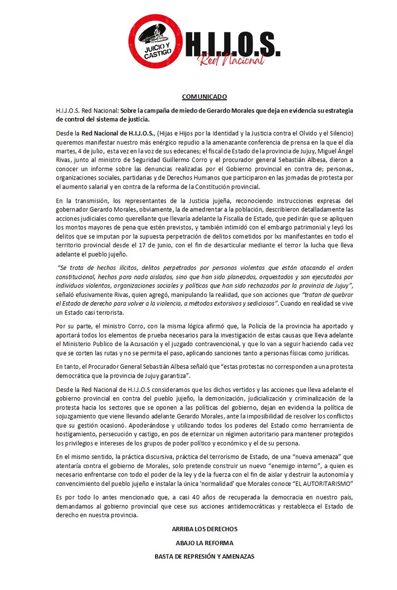 hijos_capital's tweet photo. 📣Seguimos en estado de alerta por la vulneración de derechos en Jujuy

Comunicado de la Red Nacional de H.I.J.O.S. 👇👇 https://t.co/tmMOqM2DOp