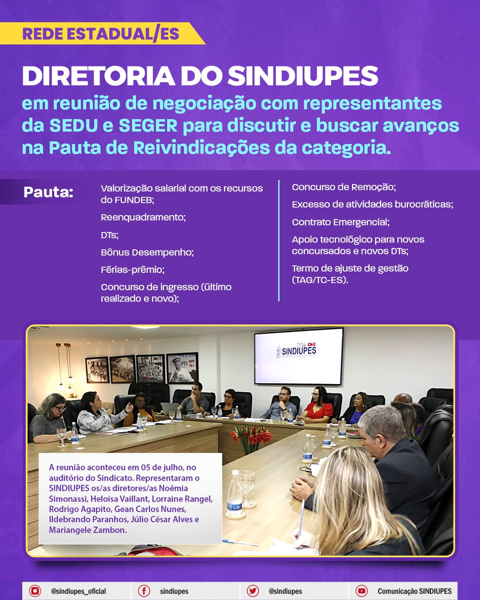 SindiupesO's tweet photo. O secretário de Educação Vitor de Angelo, membros da equipe da SEDU e da SEGER, estiveram reunidos com a Direção do SINDIUPES nessa quarta-feira (05), no auditório do Sindicato, para negociar a Pauta de Reivindicações da Rede Estadual. Saiba mais: 
https://t.co/UchgizTl6Y https://t.co/YuvIrQhUeX