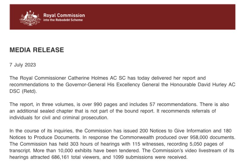 🚨 Robodebt royal commission statement - “it recommends referrals of individuals for civil and criminal prosecution.”

990 pages, 57 recommendations

Report to be available online shortly