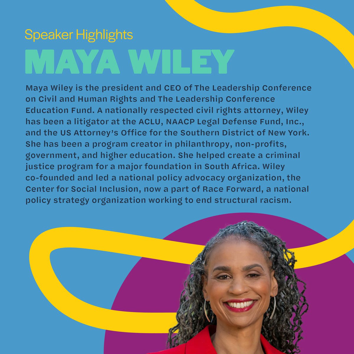 Exciting news! @mayawiley will speak TOMORROW at our conference. She will be a panelist in our opening plenary discussing how to achieve a multiracial pluralistic democracy. Learn more at buff.ly/3XFmusK. #22CI #22CI2023