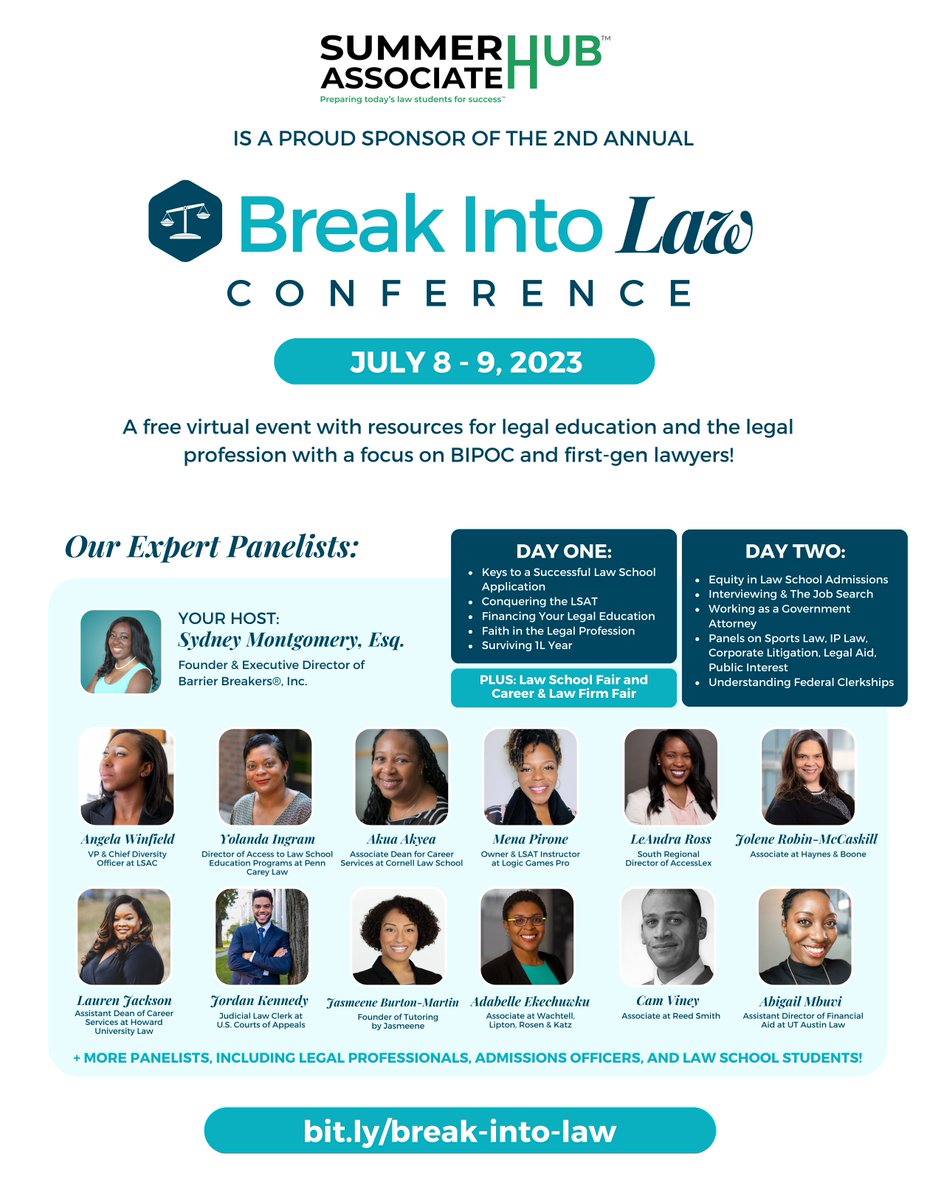We are proud to be sponsoring the 2nd Annual Break Into Law Conference - this weekend, sign up today!  Free to attend and fully virtual. bit.ly/break-into-law #lawyers #lawconference