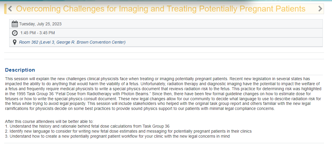 Heading to #AAPM2023? Be sure to check out this session on treating potentially pregnant patients! And definitely make sure to sport your #hysterical ribbon to it. Thanks to <a href="/JulieLarkin305/">Julianne Pollard-Larkin, PhD</a> for moderating!
<a href="/aapmHQ/">American Association of Physicists in Medicine</a> #MedPhysTwitter #WeWhoCurie