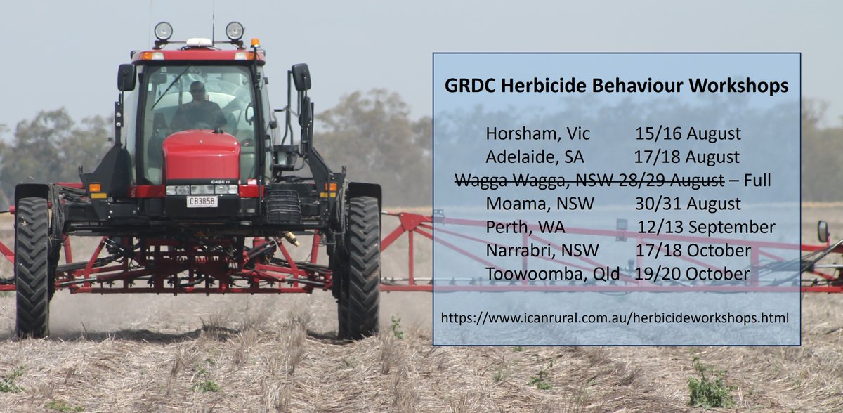 Agros - Lots of requests for ICAN to run some more 1.5 day <a href="/theGRDC/">GRDC</a>  Herbicide Behaviour Workshops.
icanrural.com.au/herbicideworks…
First 7 dates are filling fast (Wagga already full).

We will be adding more locations, so head to the website to let us know where you would like these.