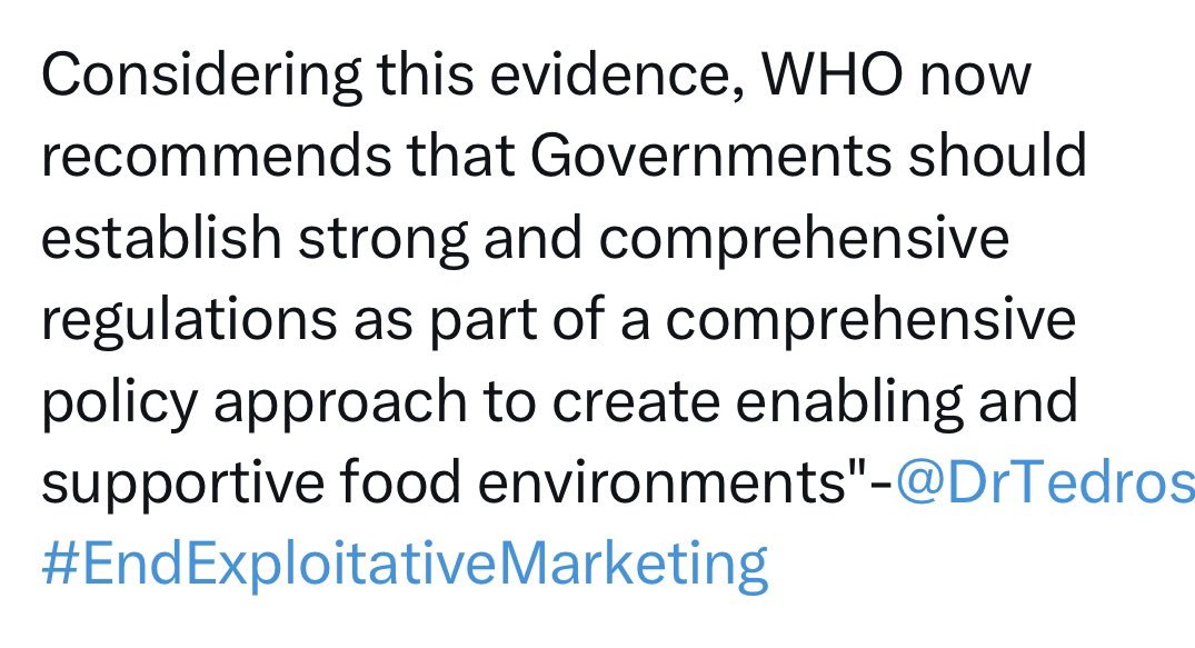 Strong recommendations from @WHO @DrTedros for government regulation to protect children from harmful unhealthy food marketing.

#Brandsoffourkids