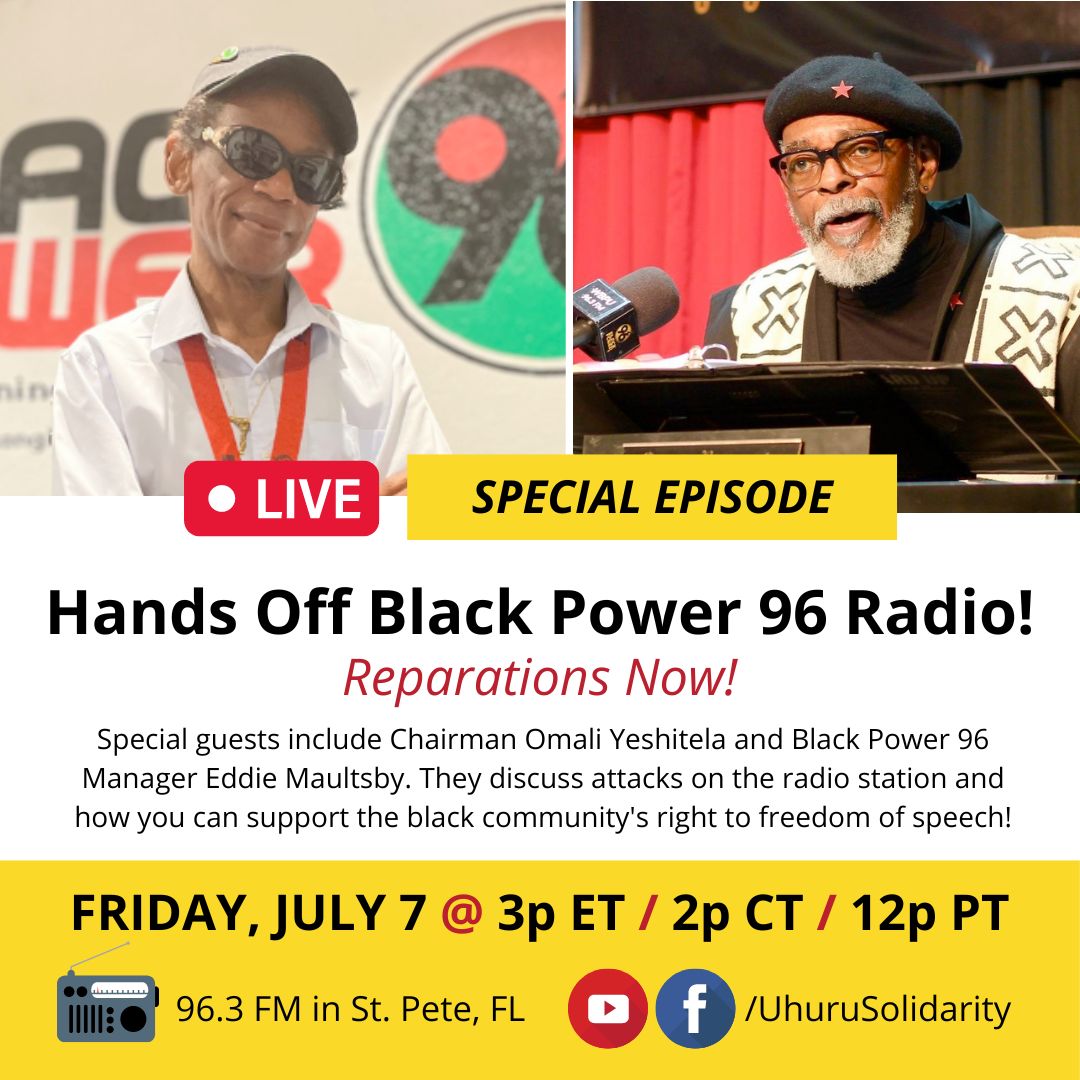 UhuruSolidarity's tweet photo. #ReparationsInAction LIVE webinar, Friday!
#BlackPower96 #HandsOffUhuru https://t.co/EiF1kjCF3z