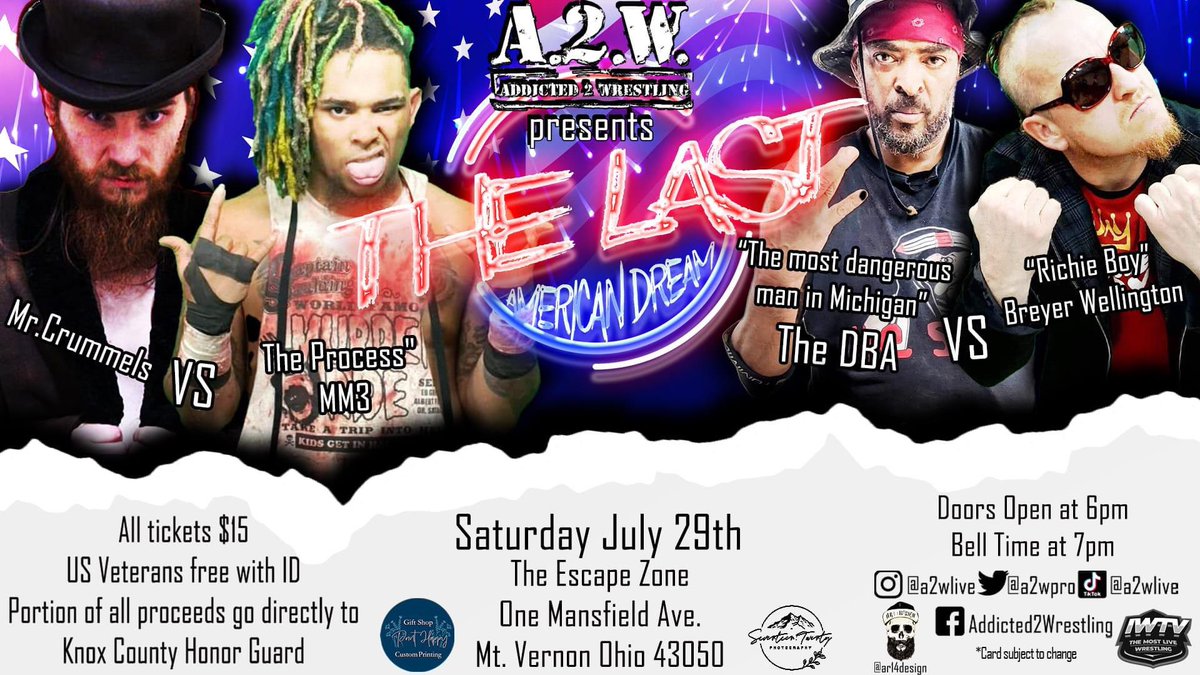 A2WPro's tweet photo. Signed for our show in Mt Vernon, OH at the Escape Zone!

@CCrummels vs @TheprocessMM3 

DBA vs @BreyerWellingt3 

Much more to be announced! Be there on 7/29!

@pwponderings @WrestleNerdsCom 
@RealKongoKong @GGJacobs69 @TheJakeCrist @SmokeyBob937 @DontavioTG @TheSlessTaylor https://t.co/CM56fhAZwq
