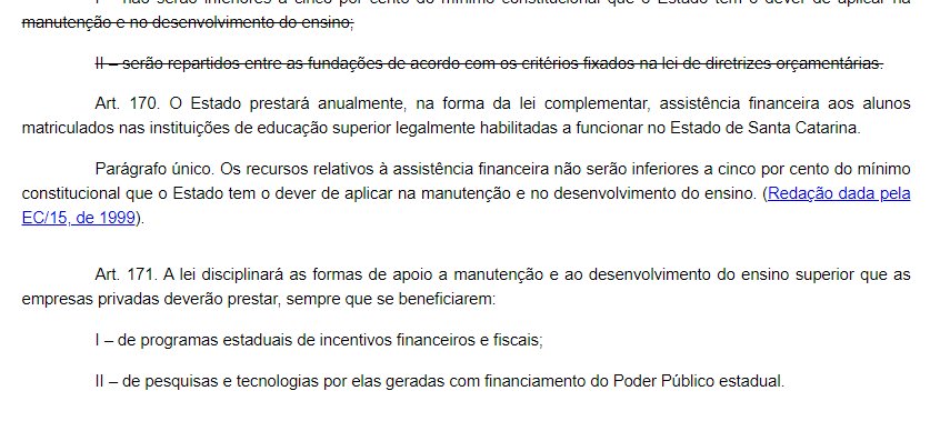 Deixa eu explicar uma coisa: o dinheiro público de sc atualmente JÁ FINANCIA bolsas de estudo em universidades não públicas. Sim. E faz tempo. Décadas. Porque o Art. 170 da Const. Est. determina isso como obrigação. O que varia é quanto cada governador vai pagar. (+)