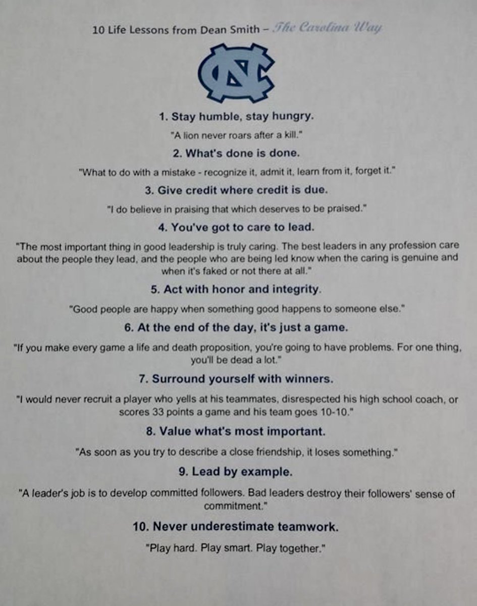 CountessesofUNC's tweet photo. 10 Life Lessons by Dean Smith. 
Which one is your favorite and why? 
#ThrowbackThursday @UNC_Basketball https://t.co/ItVgIzNsmb