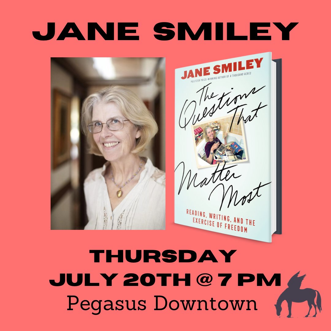 We’re thrilled to welcome #PulitzerPrize-winning author Jane Smiley to Pegasus Downtown in two weeks, on Thurs 7/20 at 7pm! Join us in celebrating the release of her new book, “The Questions that Matter Most: Reading, Writing, and the Exercise of Freedom”, from @heydaybooks📝
