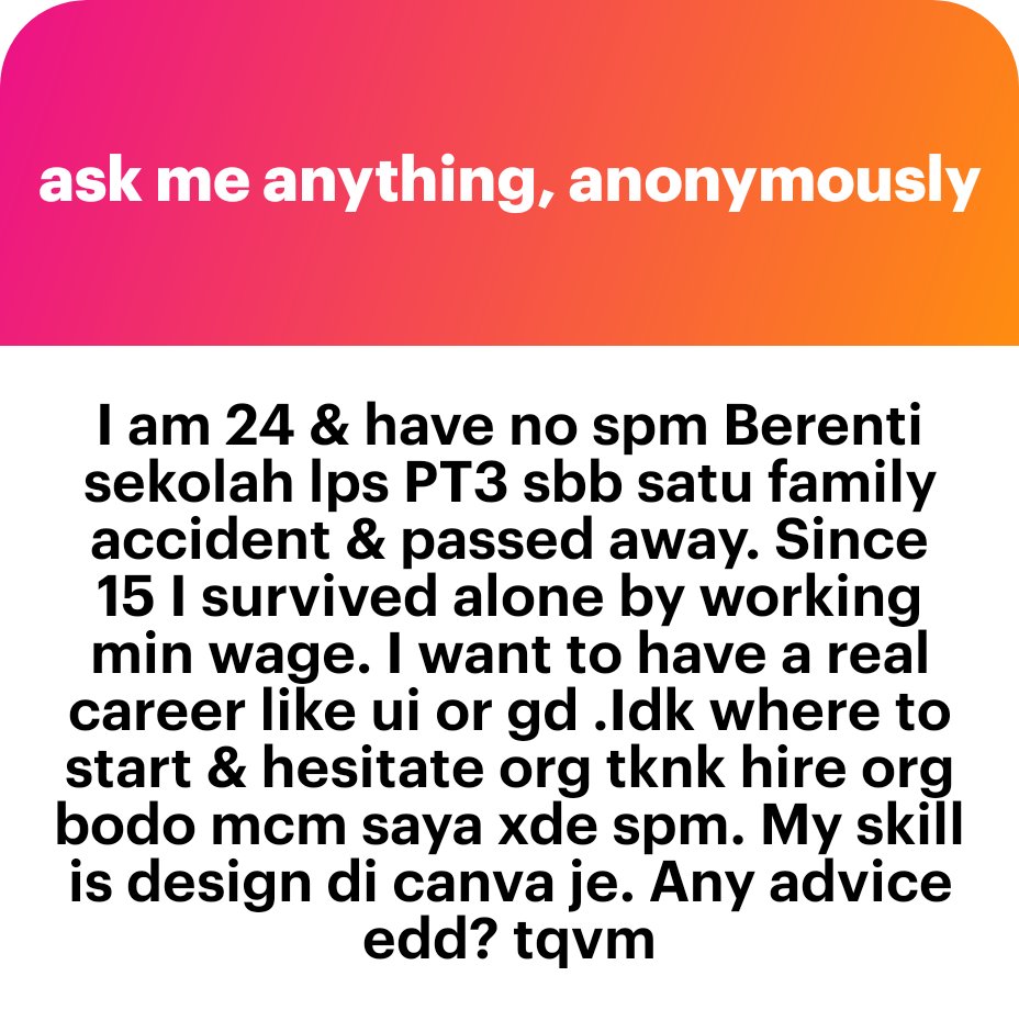 eddthinksdesign's tweet photo. Besarnya dugaan you 😢

My suggestion, you can start by taking free online courses first. Rujuk UIUX Resources in my bio. After that, build your portfolio and start applying for jobs.

Any questions you can DM me okay? https://t.co/Uygidm6OoT