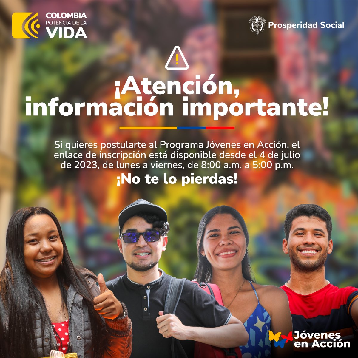 #Atención | Si tienes entre 14 y 28 años y quieres ser parte del programa #JóvenesEnAcción prepárate para iniciar tu proceso de inscripción para el periodo 2023-2.

Ingresa a jovenes.prosperidadsocial.gov.co/registro/ y diligencia la información.